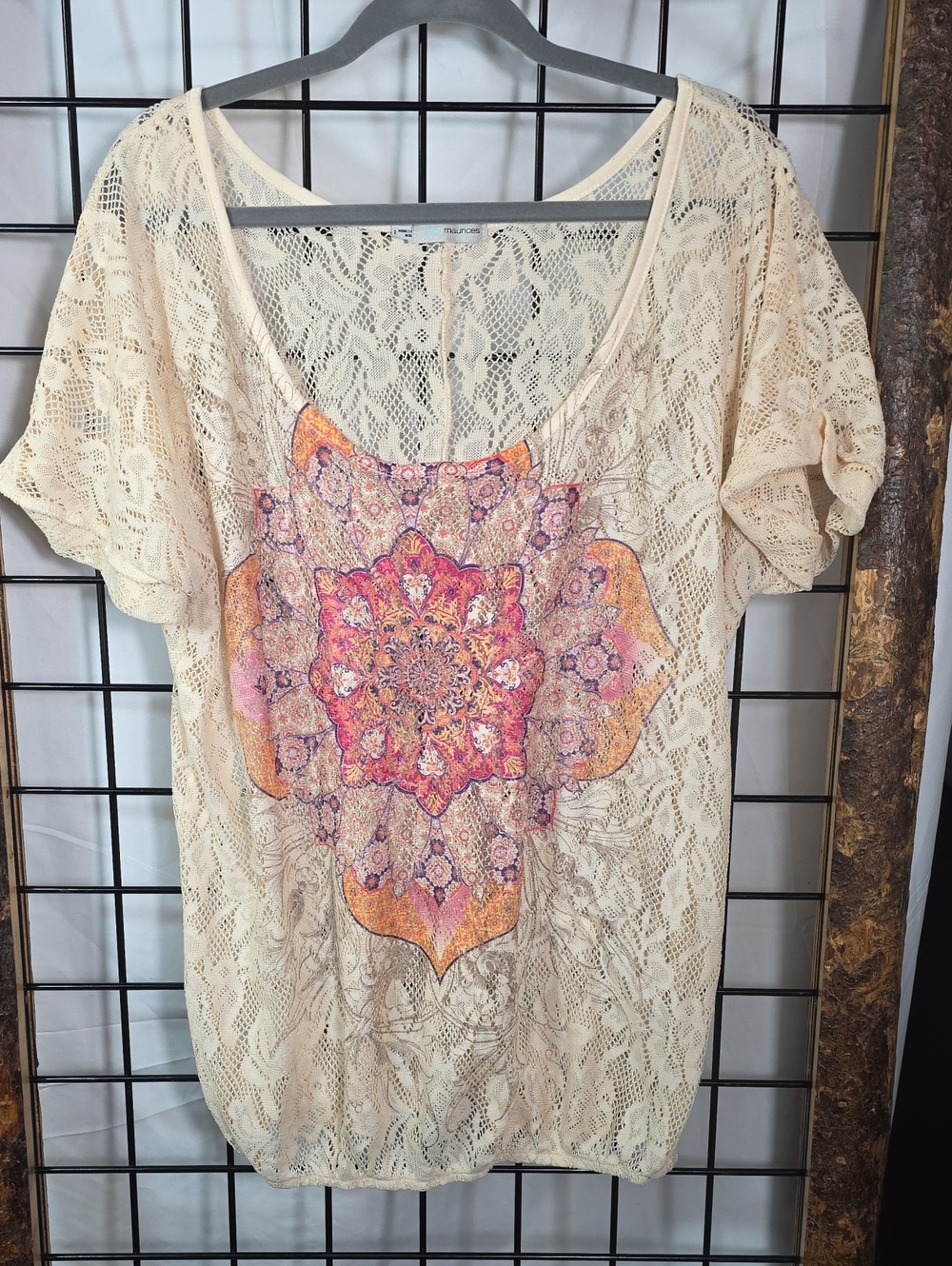 Maurices Cream Lace Short Sleeve Tee with Pink and Orange Medallion